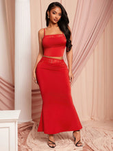 Women's Contrast Lace Camisole Top And Fishtail Midi Skirt 2 Piece Fitted Set